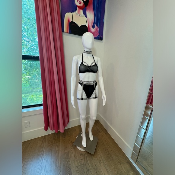 Black Vinyl Mesh Rhinestone Lingerie Set 4 Pieces, XS Custom - Picture 11 of 13